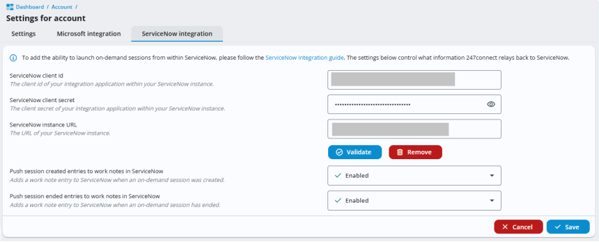A screenshot of the “Settings for account” page showing the “ServiceNow integration” tab. The page displays fields for ServiceNow client ID, client secret, and instance URL, along with two drop-down options to enable or disable pushing session-created and session-ended entries to ServiceNow. Buttons for Cancel and Save appear at the bottom right.